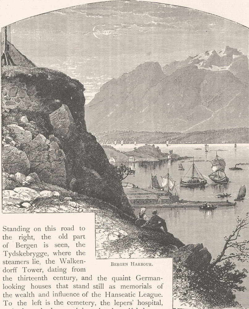 NORWAY. Bergen Harbour 1890 old antique vintage print picture